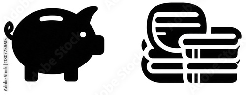 Simple black icons of a piggy bank and stacked coins.