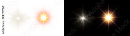 PNG image of Collection of starburst light effects with bright glowing centers and radiating beams against a perfect for adding visual flair to designs on transparent background