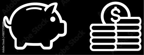 White outline icons of a piggy bank and dollar coins.
