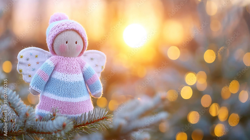 Obraz premium Handcrafted knitted Christmas angel doll featuring colorful striped clothing and winter hat on a pine branch with warm bokeh