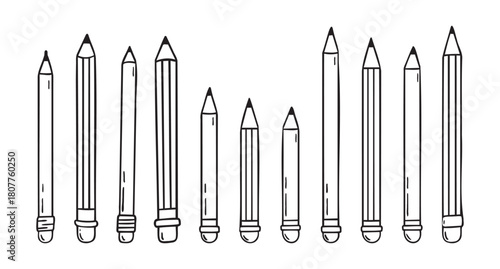 Pencil with eraser hand drawn doodle line scandinavian minimalism icon set. Pencil single element for school, teaching, drawing