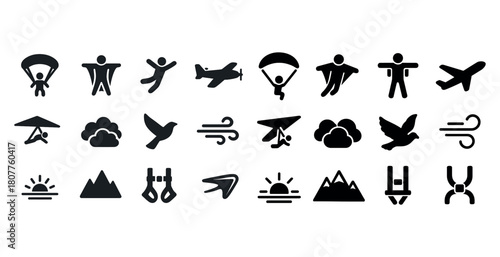 Adventure icons: parachuting, wing suits, aviation, hang gliding, nature