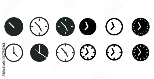 Minimalist analog clock icons collection in black and white design