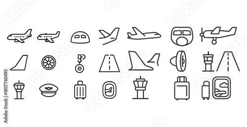 Aviation icons: airplanes, runways, control towers, and luggage symbols