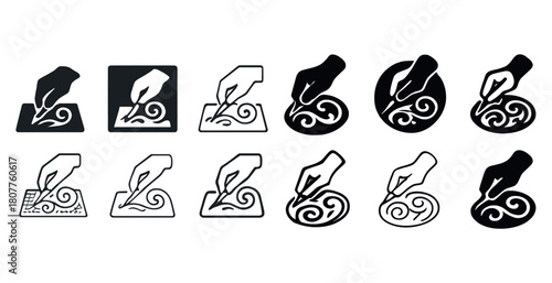 Set of hand and pen icons for digital design and writing concepts