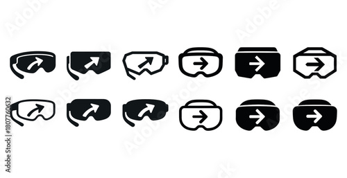 Set of black and white ski goggles icons with arrow symbols