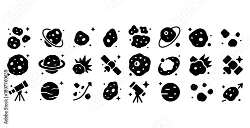 Stylized icon set of asteroids, planets, telescopes, and space elements