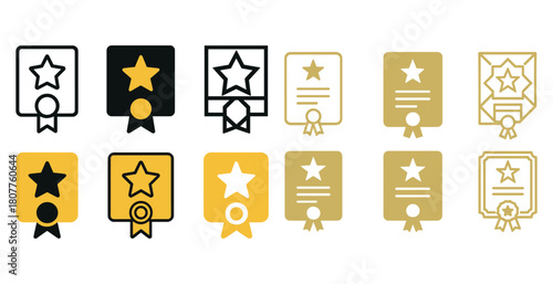 Set of certificate and award icons in black and gold designs