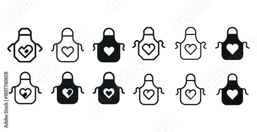 Black and white apron icons with heart designs in various styles