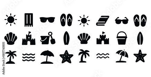 Beach icons set: sun, sandcastles, sunglasses, flip-flops, shells, surfboards, palm trees