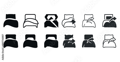 Black and white bed icon set depicting sleep and waking positions