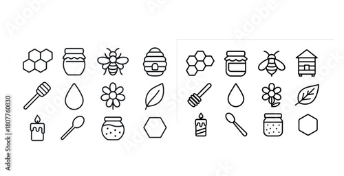 Honey and beekeeping icons set: jars, bees, hives, flowers, and more