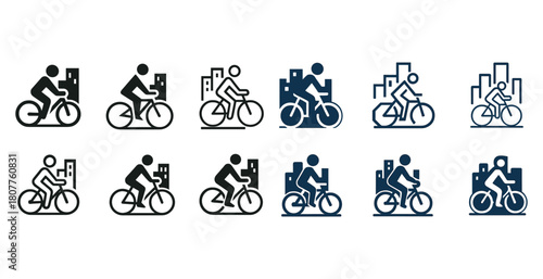Cyclist icons in urban environment with various designs and perspectives