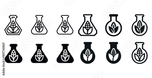 Black and white laboratory flasks with corn and leaf symbols