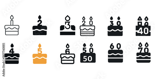 Birthday cake icons with candles for milestone ages 1 to 70