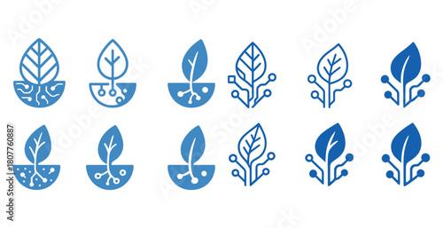 Blue tech leaf icons: digital plant growth symbols