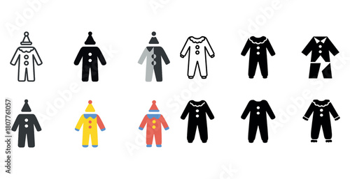 Colorful and monochrome clown costumes icon set