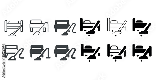 Black and white cleaning icons: vacuum and bed symbols set