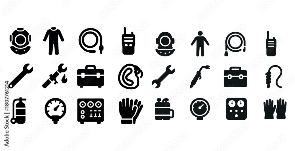 Obraz premium Diving equipment and tools icons set: helmets, tools, gauges, safety gear in black and white