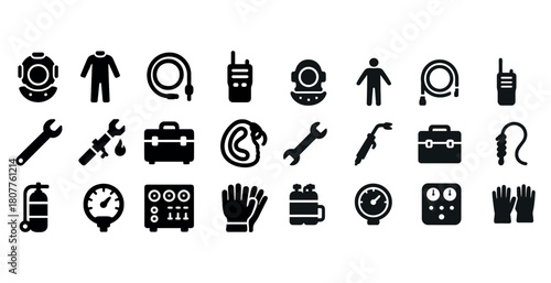 Diving equipment and tools icons set: helmets, tools, gauges, safety gear in black and white