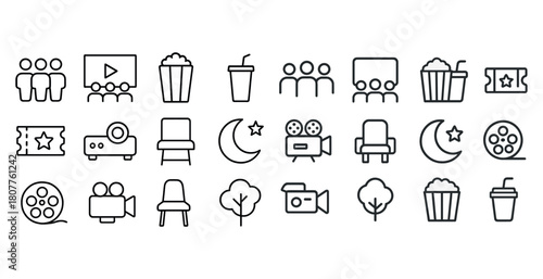 Cinema elements: popcorn, projectors, film reels, and audience icons in black outline