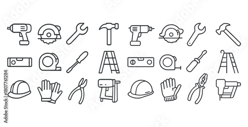 Collection of hand tools and construction icons including hammer, drill, and tape measure