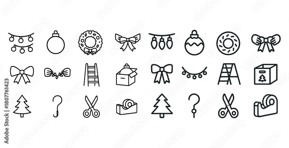 Obraz premium Festive icon set featuring ornaments, trees, and bows for holiday decoration