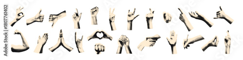Cut out hand emoji gestures set. Various halftone hands signs vintage dotted stickers. Modern retro vector illustration for mixed media design, collage and scrapbook isolated on transparent background