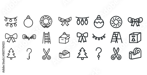 Festive icon set featuring ornaments, trees, and bows for holiday decoration