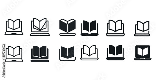 E-reading icons collection: open book and laptop symbols in black and white
