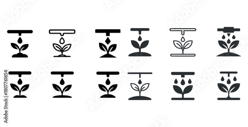 Set of plant watering icons illustrating different irrigation systems