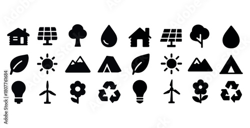Eco-friendly symbols collection: solar, wind, recycling, nature, energy icons