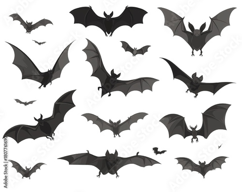 A collection of black bat silhouettes flying in various poses.