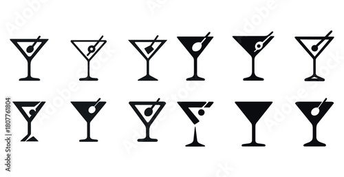 Set of martini glass icons with olive garnish in various styles