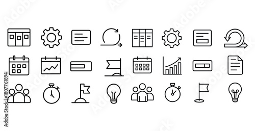 Set of agile methodology and project management line icons