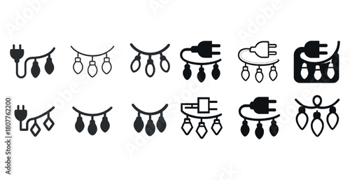 Set of christmas light icons with plugs and bulbs in various styles