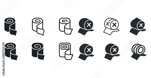 Medical bandage roll icons set in black and white - various styles and designs