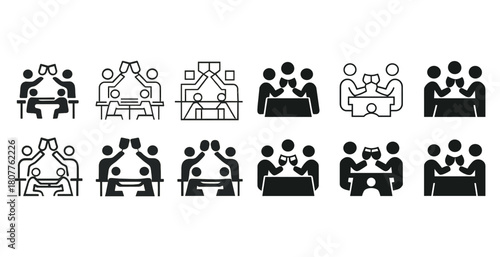 Diverse business meeting icons in black and white displaying teamwork and collaboration