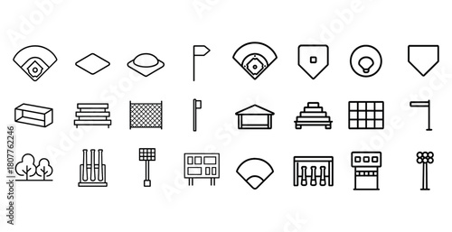 Baseball field icons: bases, scoreboards, dugouts, fences, trees, lights, bleachers