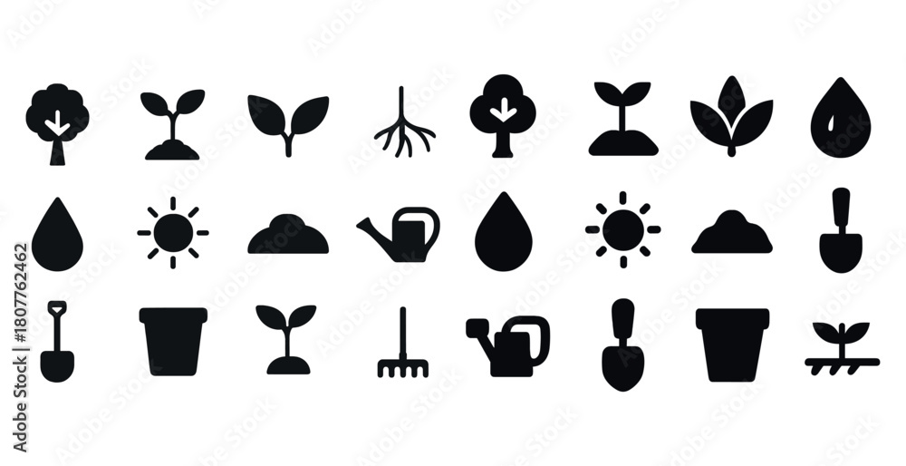 Naklejka premium Icon set of gardening tools and nature elements