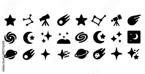 Astronomy icons: stars, telescopes, planets, comets, constellations