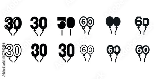 Balloon numbers: 30, 50, 60 - black and white celebratory icons