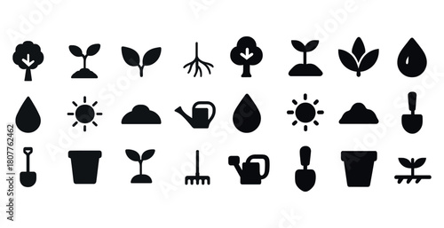 Icon set of gardening tools and nature elements