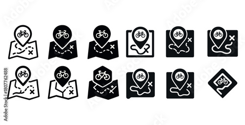 Bicycle map icons collection with location markers and paths