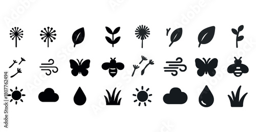 Nature icons set: flowers, leaves, weather, insects, and grass silhouettes