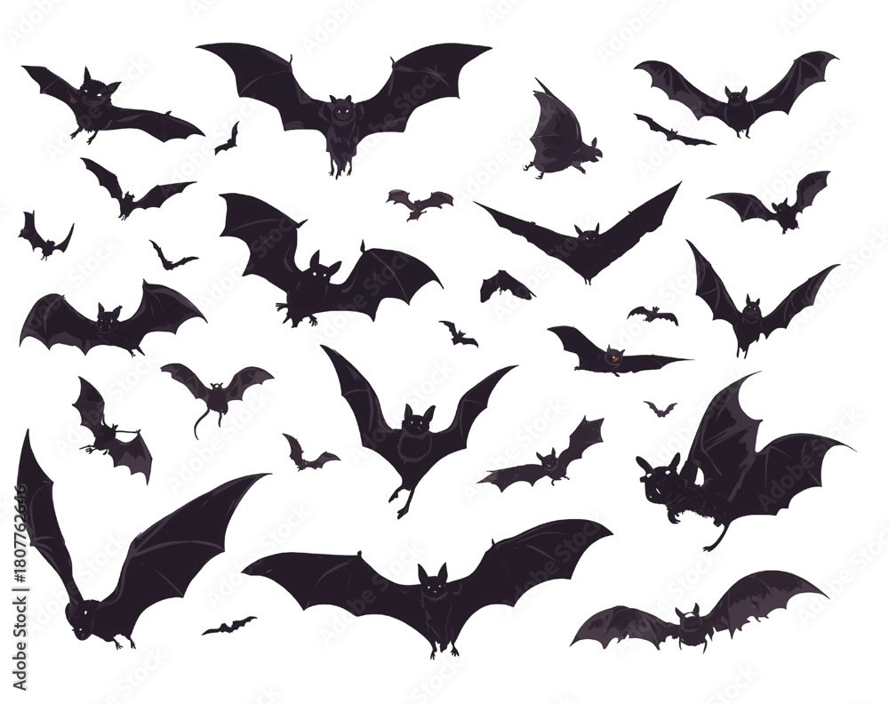 Naklejka premium A large collection of black bat silhouettes in flight.