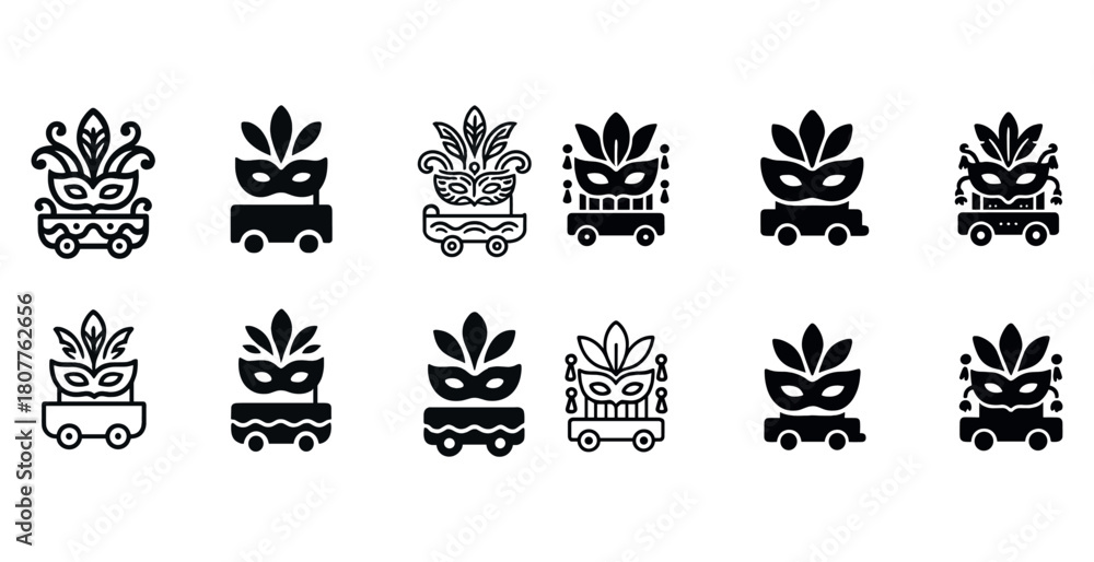 Obraz premium Black and white carnival mask plant icon set on wheels