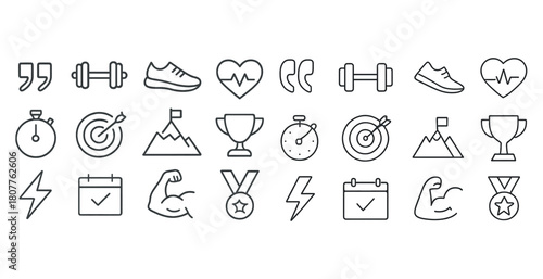 Fitness and achievement icon set: sports, health, and motivation symbols