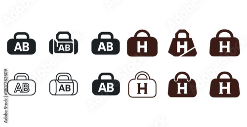 Stylized bag logos: ab and h monogram designs in black and brown variants