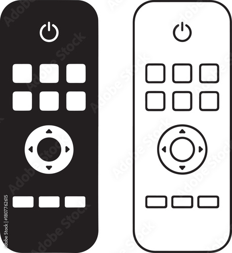 Remote control icon set, offering both solid fill and outline versions for universal media device management and interaction solutions.